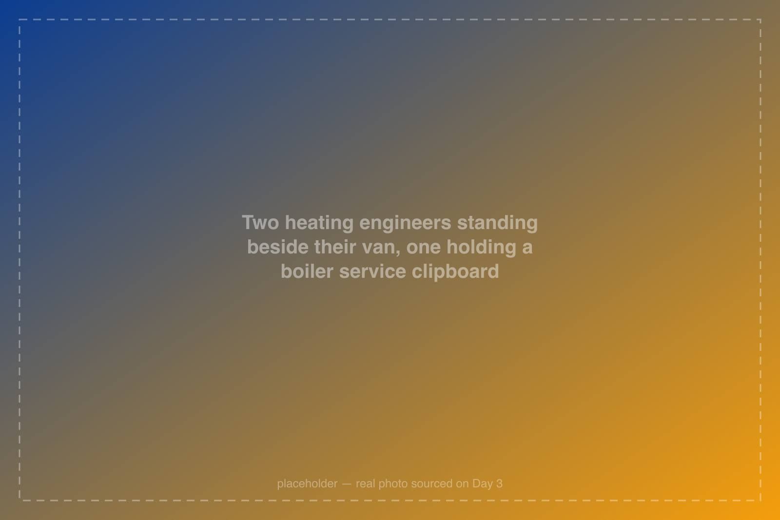 Two heating engineers standing beside their van, one holding a boiler service clipboard