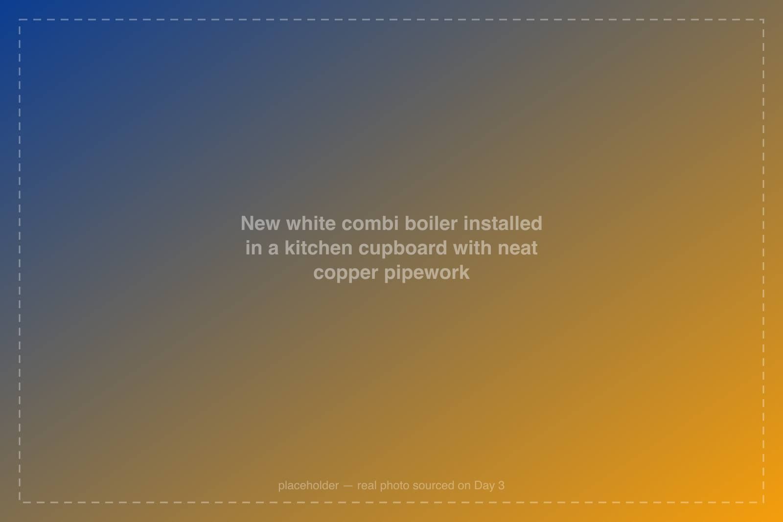 New white combi boiler installed in a kitchen cupboard with neat copper pipework