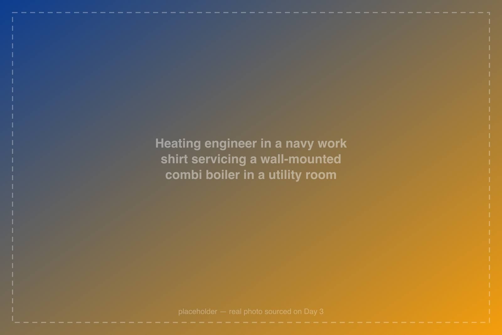 Heating engineer in a navy work shirt servicing a wall-mounted combi boiler in a utility room